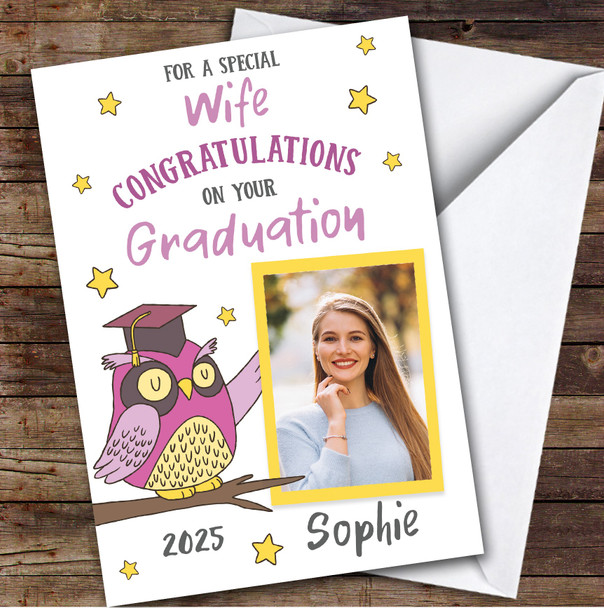 Personalised Graduation Card For Wife Photo Pink Owl