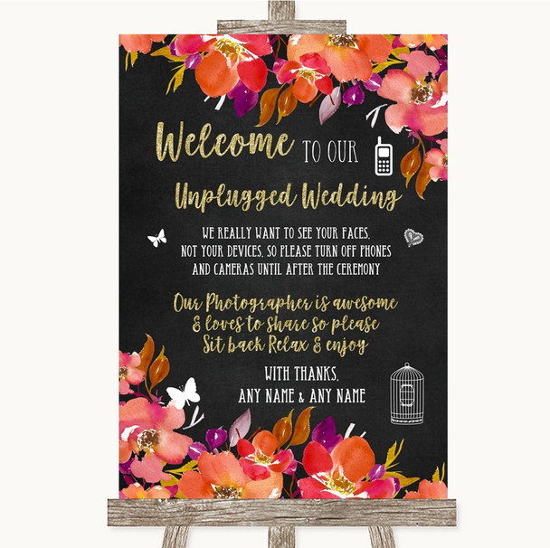 Pink Coral Orange & Purple No Phone Camera Unplugged Personalised Wedding Sign