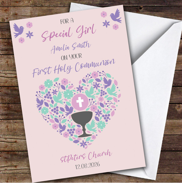 Personalised First Holy Communion Card For Anyone Girl Pink Heart