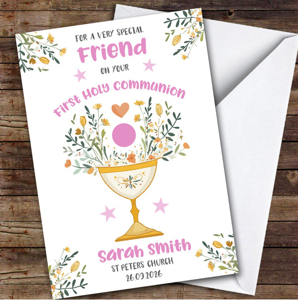 Personalised First Holy Communion Card For Friend Pink Chalice
