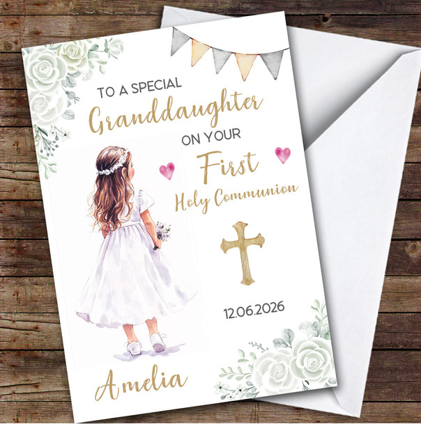Personalised First Holy Communion Card For Granddaughter Little Girl Flowers