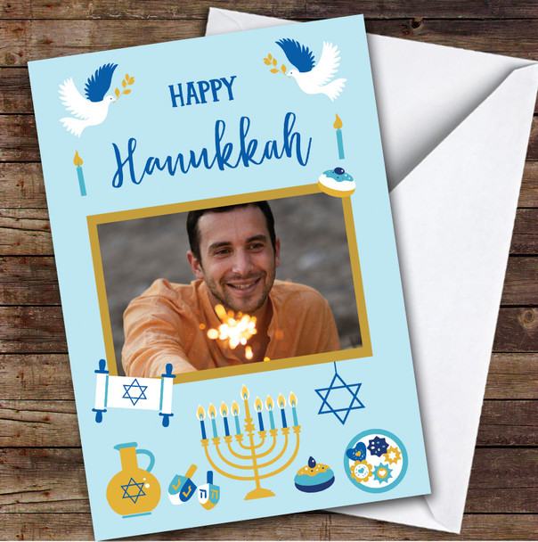 Personalised Hanukkah Card For Anyone Photo Blue Gold Dove Scroll