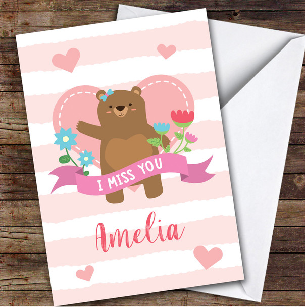 Personalised Miss You Card For Anyone Bear Heart Pink Flower Personalised Miss You Card For Anyone Bear Heart Pink Flower