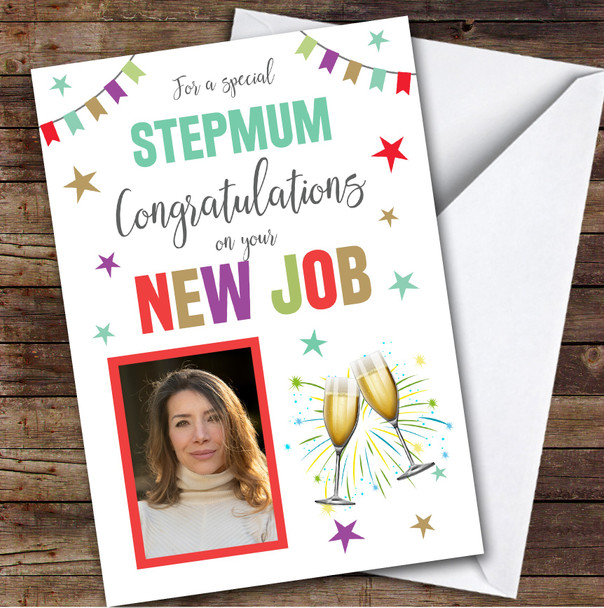 Personalised New Job Card For Stepmum Photo Champagne Cheers