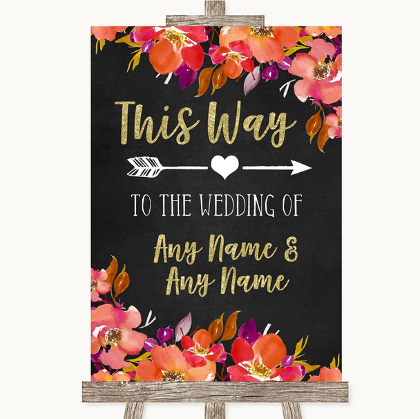 Pink Coral Orange & Purple This Way Arrow Right Personalised Wedding Sign