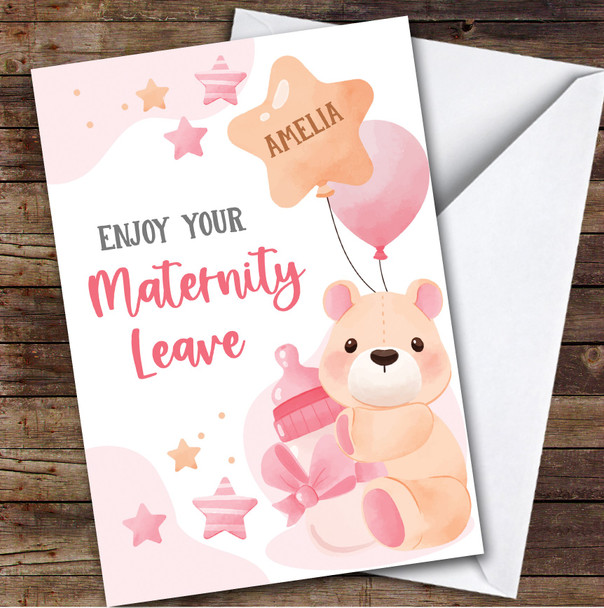 Personalised Maternity Leave Card For Anyone Pink Bear Balloon