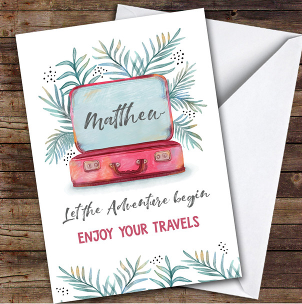 Personalised Going Travelling Card For Anyone Red Suitcase Floral
