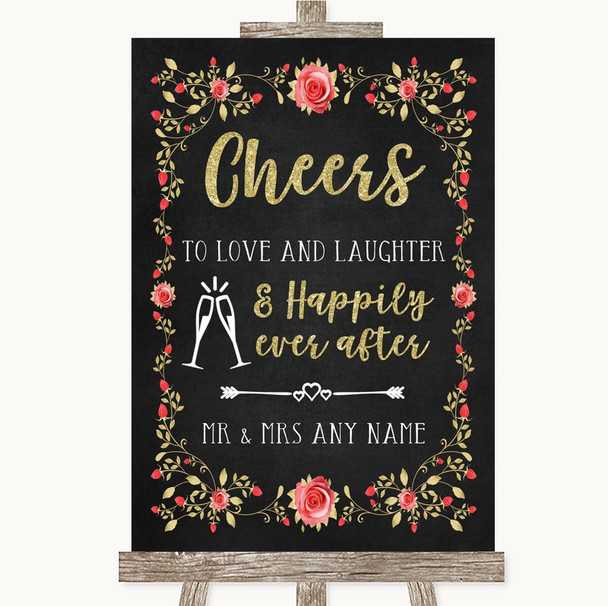 Chalk Style Blush Pink Rose and Gold Cheers To Love Personalised Wedding Sign