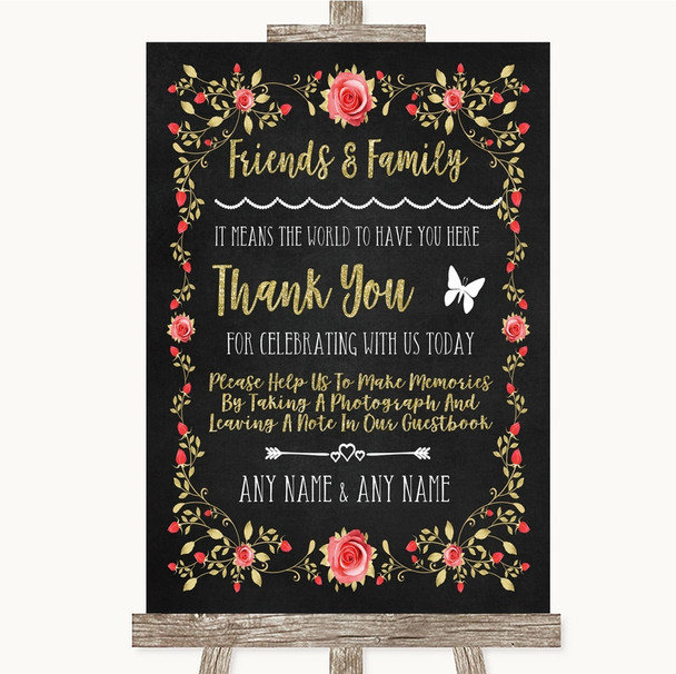 Chalk Style Blush Pink Rose and Gold Photo Guestbook Friends and Family Wedding Sign