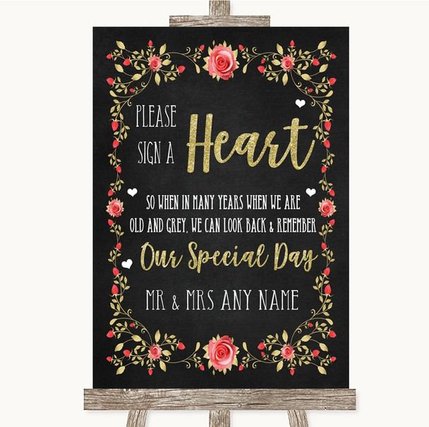 Chalk Style Blush Pink Rose and Gold Sign a Heart Personalised Wedding Sign