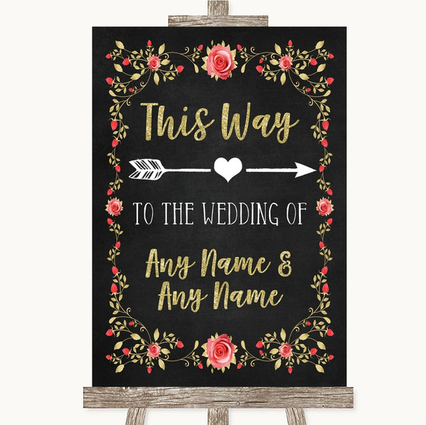 Chalk Style Blush Pink Rose & Gold This Way Arrow Right Wedding Sign
