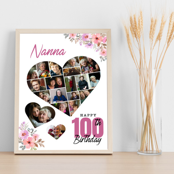 Photo Collage 100th Birthday Gift For Nanna 19-Photo Floral Print Or Canvas