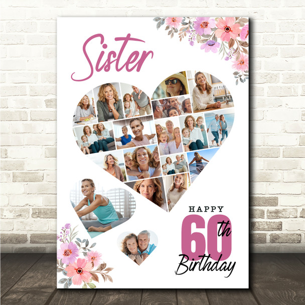 Photo Collage 60th Birthday Gift For Sister 19-Photo Floral Print Or Canvas