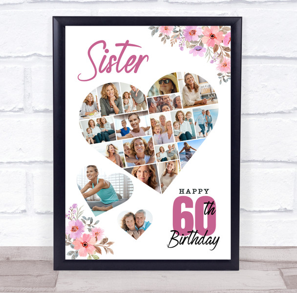 Photo Collage 60th Birthday Gift For Sister 19-Photo Floral Print Or Canvas