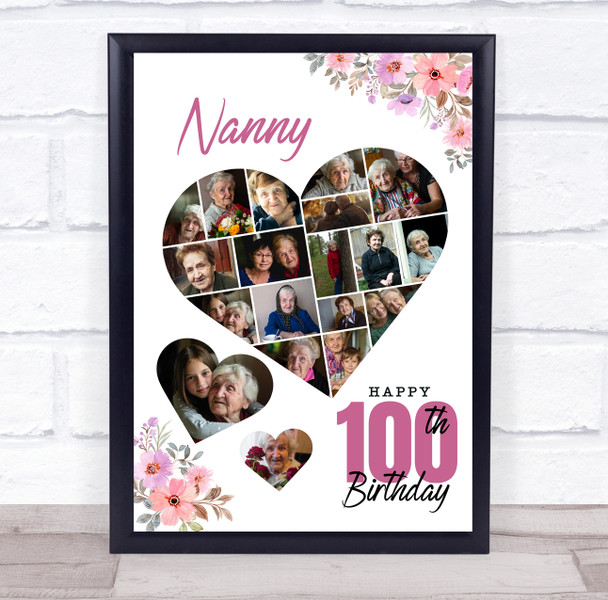 Photo Collage 100th Birthday Gift For Nanny 19-Photo Floral Print Or Canvas Photo Collage 100th Birthday Gift For Nanny 19-Photo Floral Print Or Canvas