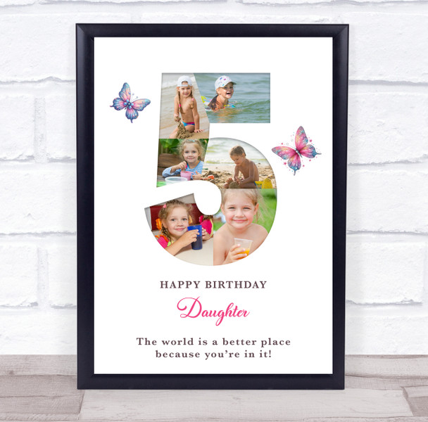 Photo Collage 6-Photo 5th Birthday Gift For Girls Butterfly Print Or Canvas
