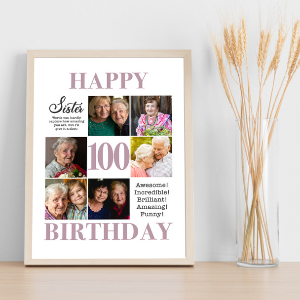 Photo Collage 100th Birthday Custom Gift For Sister 6-Photo Print Or Canvas