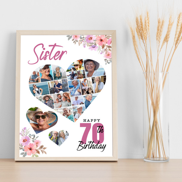 Photo Collage 70th Birthday Gift For Sister 19-Photo Floral Print Or Canvas