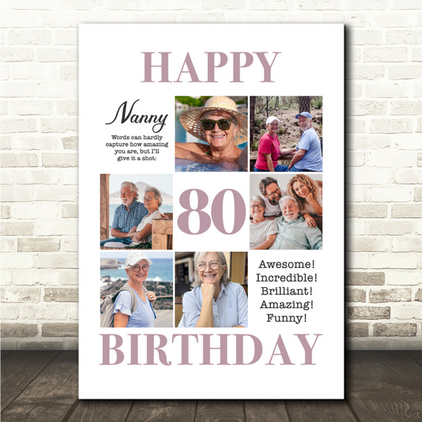 Photo Collage 80th Birthday Gift For Nanny 6-Photo Portrait Print Or Canvas