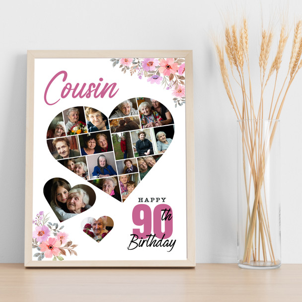 Photo Collage 90th Birthday Gift For Cousin 19-Photo Floral Print Or Canvas