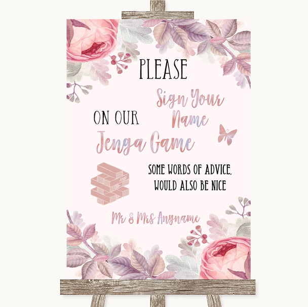 Blush Rose Gold & Lilac Jenga Guest Book Personalised Wedding Sign