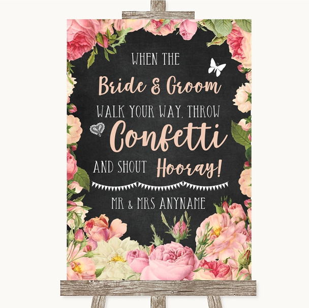 Chalkboard Style Pink Roses Confetti Personalised Wedding Sign