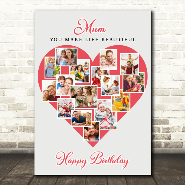 Photo Collage Mums Birthday Gift For Mum 16-Photo Red Heart Print Or Canvas