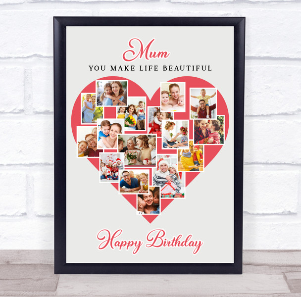 Photo Collage Mums Birthday Gift For Mum 16-Photo Red Heart Print Or Canvas