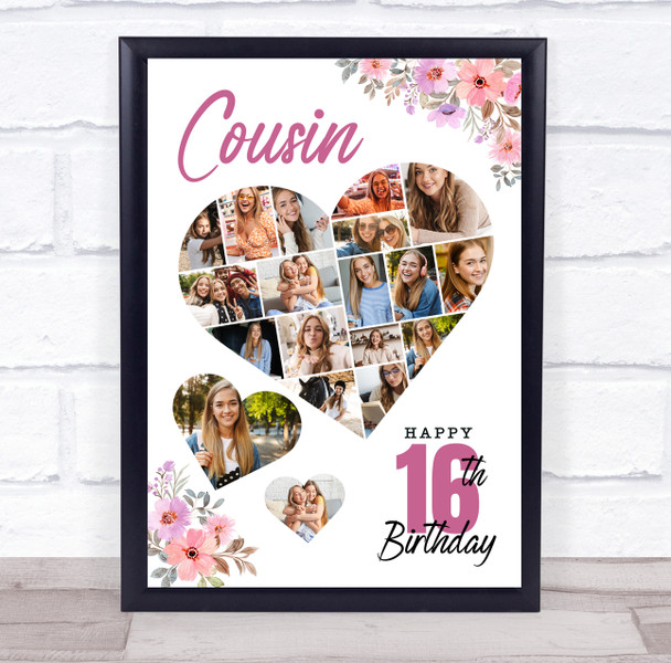 Photo Collage 16th Birthday Gift For Cousin 19-Photo Floral Print Or Canvas