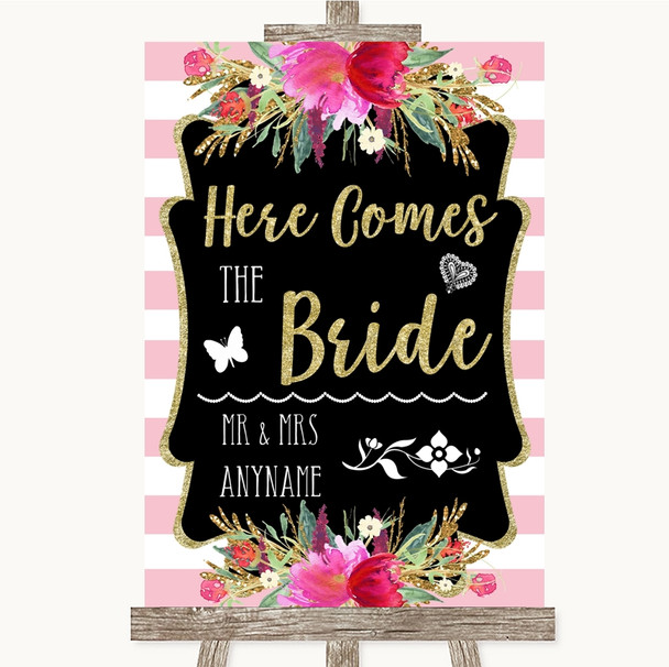 Gold & Pink Stripes Here Comes Bride Aisle Personalised Wedding Sign