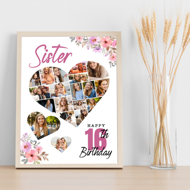 Photo Collage 16th Birthday Gift For Sister 19-Photo Floral Print Or Canvas Photo Collage 16th Birthday Gift For Sister 19-Photo Floral Print Or Canvas