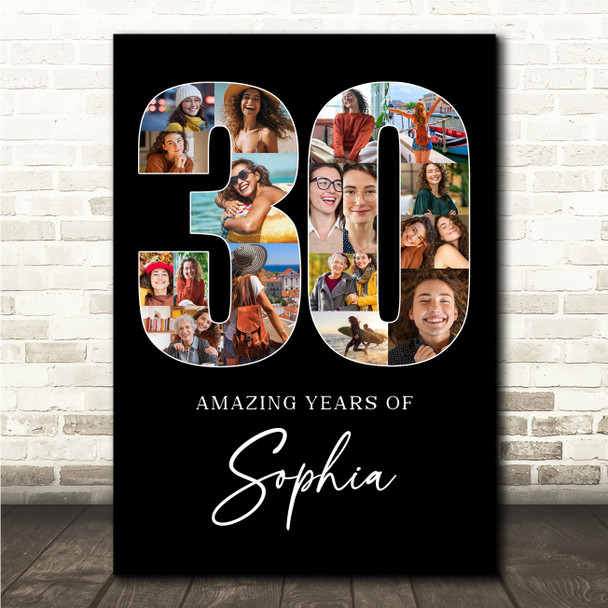 Photo Collage 30th Birthday Gift For Her 18-Photo 30 Black Print Or Canvas