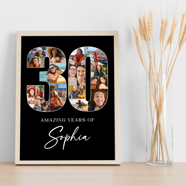 Photo Collage 30th Birthday Gift For Her 18-Photo 30 Black Print Or Canvas