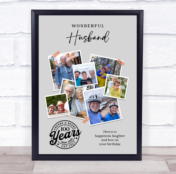 Photo Collage 100th Birthday Gift For Husband 7-Photo Grey Print Or Canvas