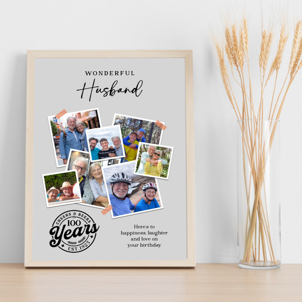 Photo Collage 100th Birthday Gift For Husband 7-Photo Grey Print Or Canvas