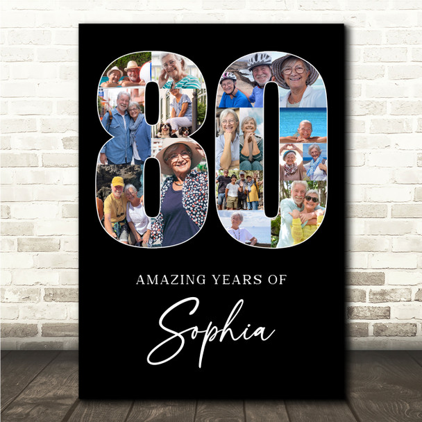 Photo Collage 80th Birthday Gift For Her 16-Photo 80 Black Print Or Canvas