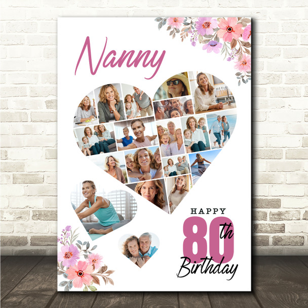 Photo Collage 80th Birthday Gift For Nanny 19-Photo Floral Print Or Canvas
