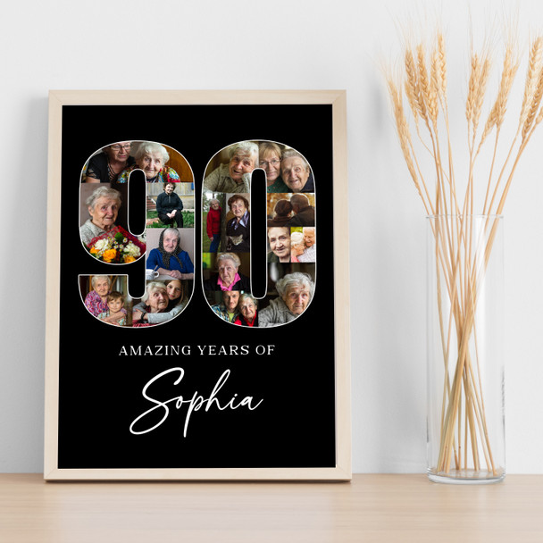 Photo Collage 90th Birthday Gift For Her 16-Photo 90 Black Print Or Canvas