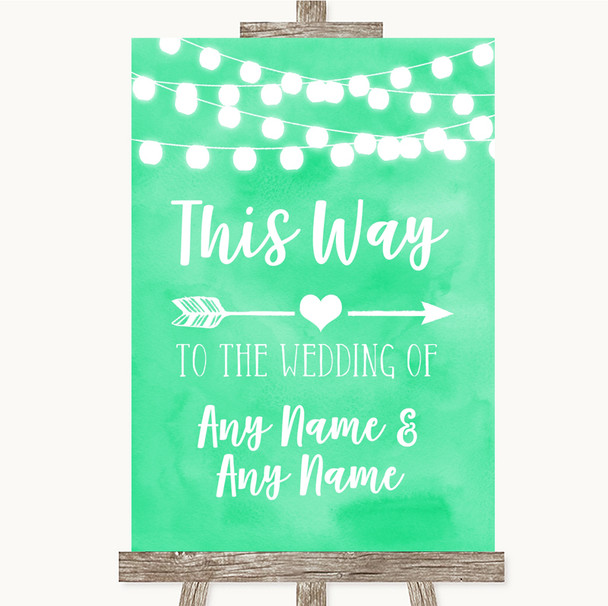 Mint Green Watercolour Lights This Way Arrow Right Personalised Wedding Sign