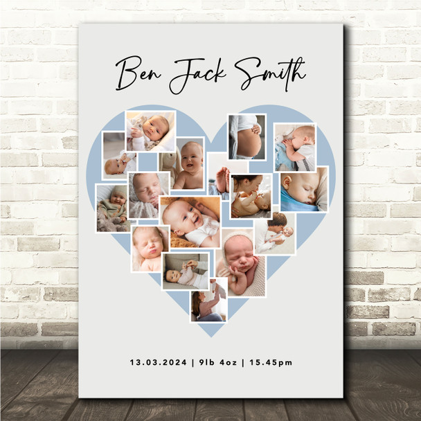 Photo Collage Personalised Gift For New Baby 16-Photo Blue Heart Print Or Canvas