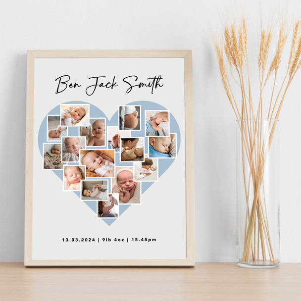 Photo Collage Personalised Gift For New Baby 16-Photo Blue Heart Print Or Canvas