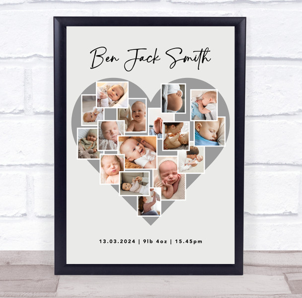 Photo Collage Personalised Gift For New Baby 16-Photo Grey Heart Print Or Canvas