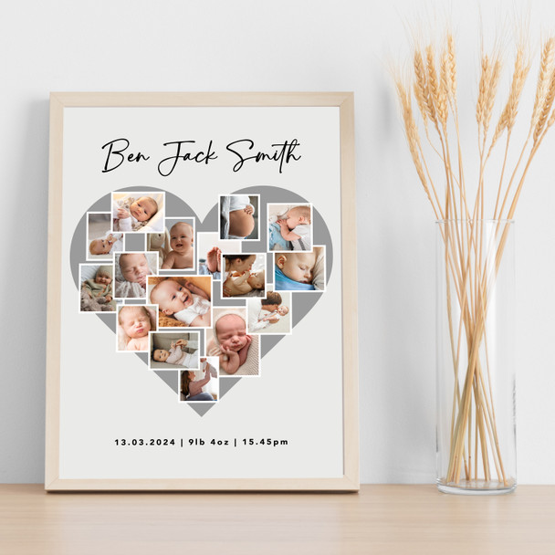 Photo Collage Personalised Gift For New Baby 16-Photo Grey Heart Print Or Canvas