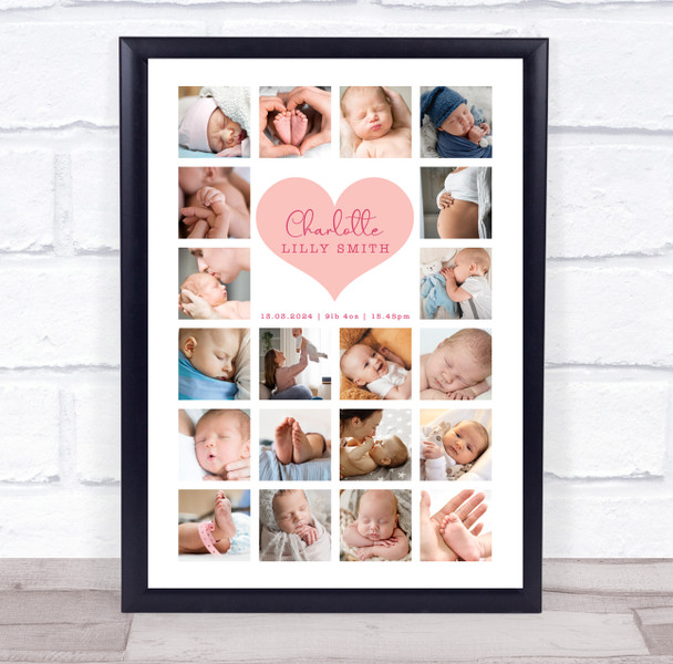 Photo Collage Personalised Gift For New Baby 20-Photo Pink Heart Print Or Canvas
