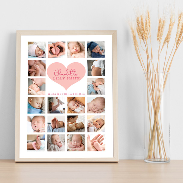 Photo Collage Personalised Gift For New Baby 20-Photo Pink Heart Print Or Canvas