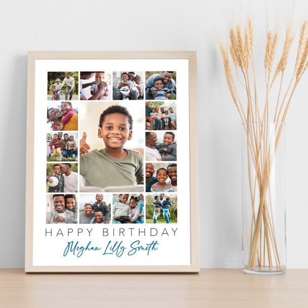 Photo Collage Kids Boys Birthday Personalised Gift 15-Photo Blue Print Or Canvas
