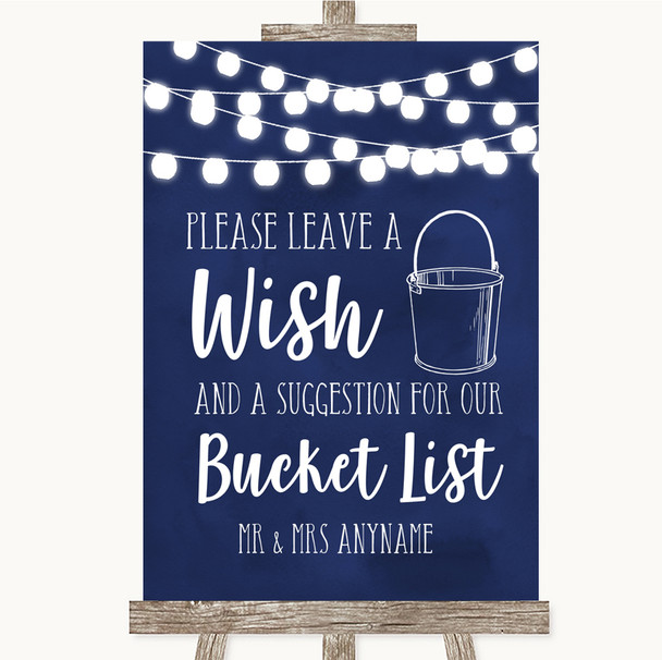 Navy Blue Watercolour Lights Bucket List Personalised Wedding Sign