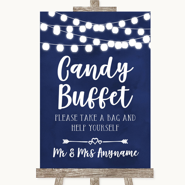 Navy Blue Watercolour Lights Candy Buffet Personalised Wedding Sign