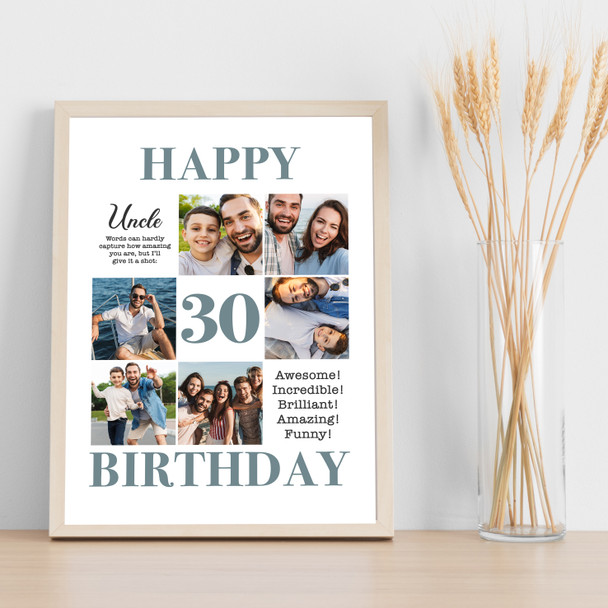 Photo Collage 30th Birthday Personalised Gift For Uncle 6-Photo Print Or Canvas