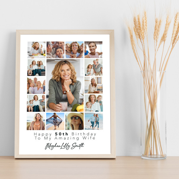 Photo Collage 50th Birthday Personalised Gift For Wife 15-Photo Print Or Canvas